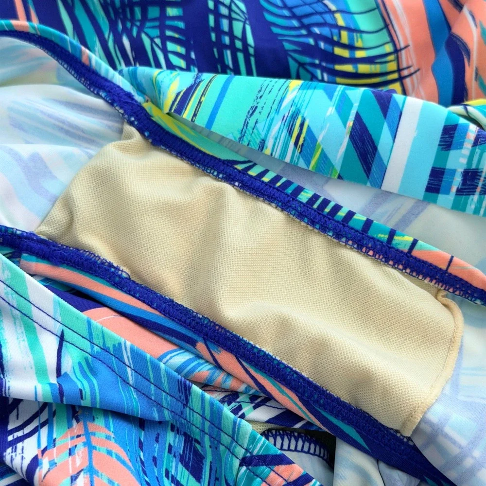 D&Co Beach Womens Blue Yellow Tropical Palm Halter Swimdress One Piece Size 12